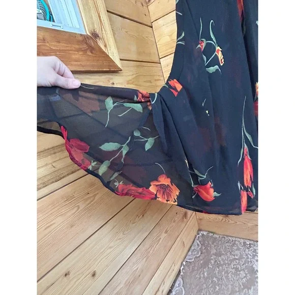 Vintage Floral Chiffon Reversible Sleeveless Maxi Dress Black Red Orange - Picture 8 of 8